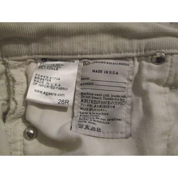 Ag Adriano Goldschmied Corduroy the Stilt Cigarette Pants Size 26 Ivory Solid - Picture 3 of 9